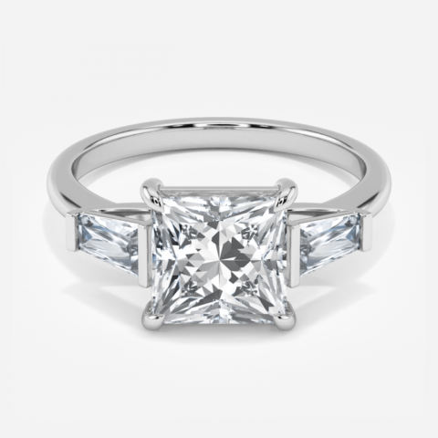 Princess Three Stone Engagement Ring - 18K White Gold