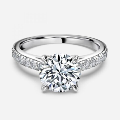 Round Diamond Band Engagement Ring - 14K White Gold